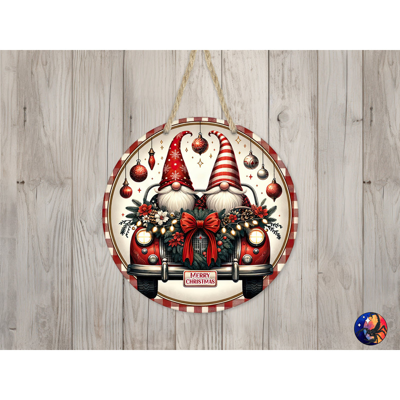 Christmas Gnomes & Car Sign Round Door Hanger Design, 12 inch Sublimation Design, Sign Round, PNG File, Digital Download.jpg