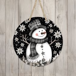 black  white snowman sign round door hanger design, christmas 12 inch sublimation design, sign round, png file, digital