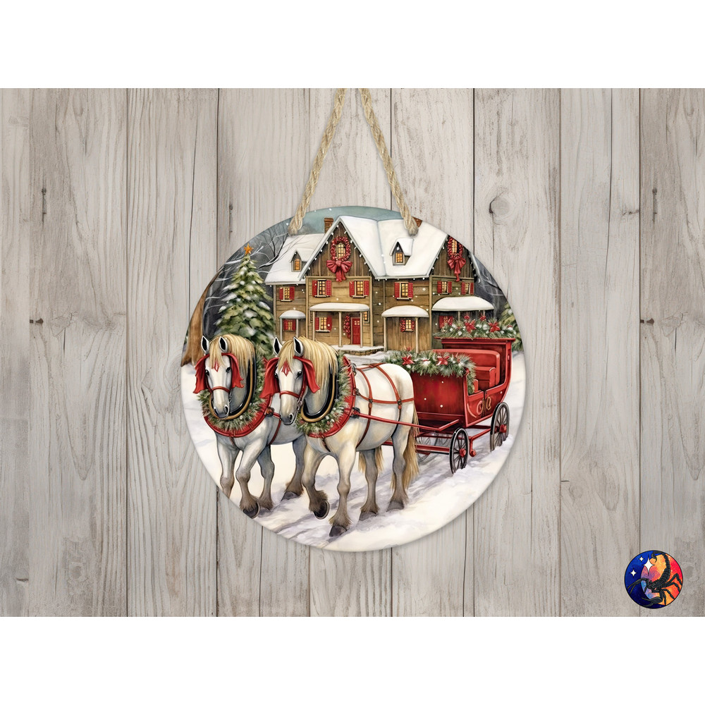 Christmas Horses & Carriage Sign Round Door Hanger Design, Christmas 12 inch Sublimation Design, Sign Round, PNG File, Digital Download.jpg