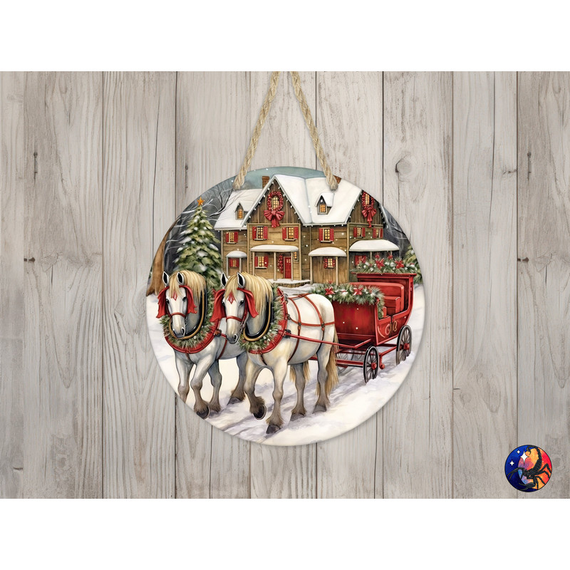 Christmas Horses & Carriage Sign Round Door Hanger Design, Christmas 12 inch Sublimation Design, Sign Round, PNG File, Digital Download.jpg