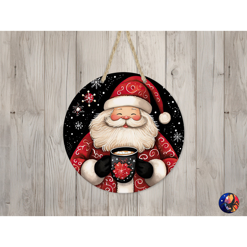 Cute Santa Claus & Hot Cocoa Sign Round Door Hanger Design, Christmas 12 inch Sublimation Design, Sign Round, PNG File, Digital Download.jpg