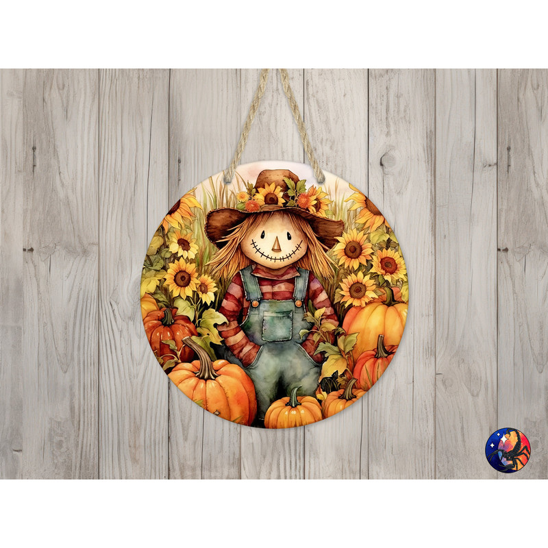 Cute Scarecrow & Sunflowers Sign Round Door Hanger Design, Fall 12 inch Sublimation Design, Sign Round, PNG File, Digital Download.jpg