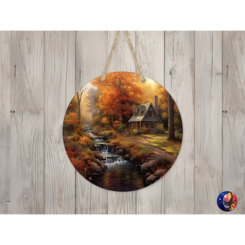 Fall Cottage in the Woods Sign Round Door Hanger Design, Fall 12 inch Sublimation Design, Sign Round, PNG File, Digital Download.jpg