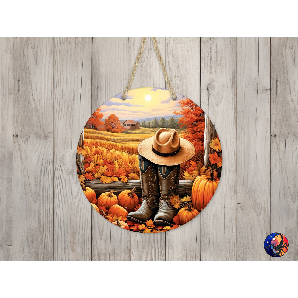 Fall Cowboy Boots Hat & Pumpkins Sign Round Door Hanger Design, Fall 12 inch Sublimation Design, Sign Round, PNG File, Digital Download.jpg