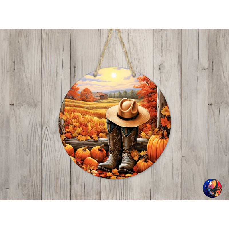 Fall Cowboy Boots Hat & Pumpkins Sign Round Door Hanger Design, Fall 12 inch Sublimation Design, Sign Round, PNG File, Digital Download.jpg