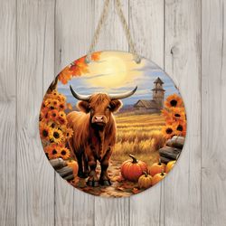 highland cow pumpkins  sunflowers sign round door hanger design, fall 12 inch sublimation design, sign round, png file,