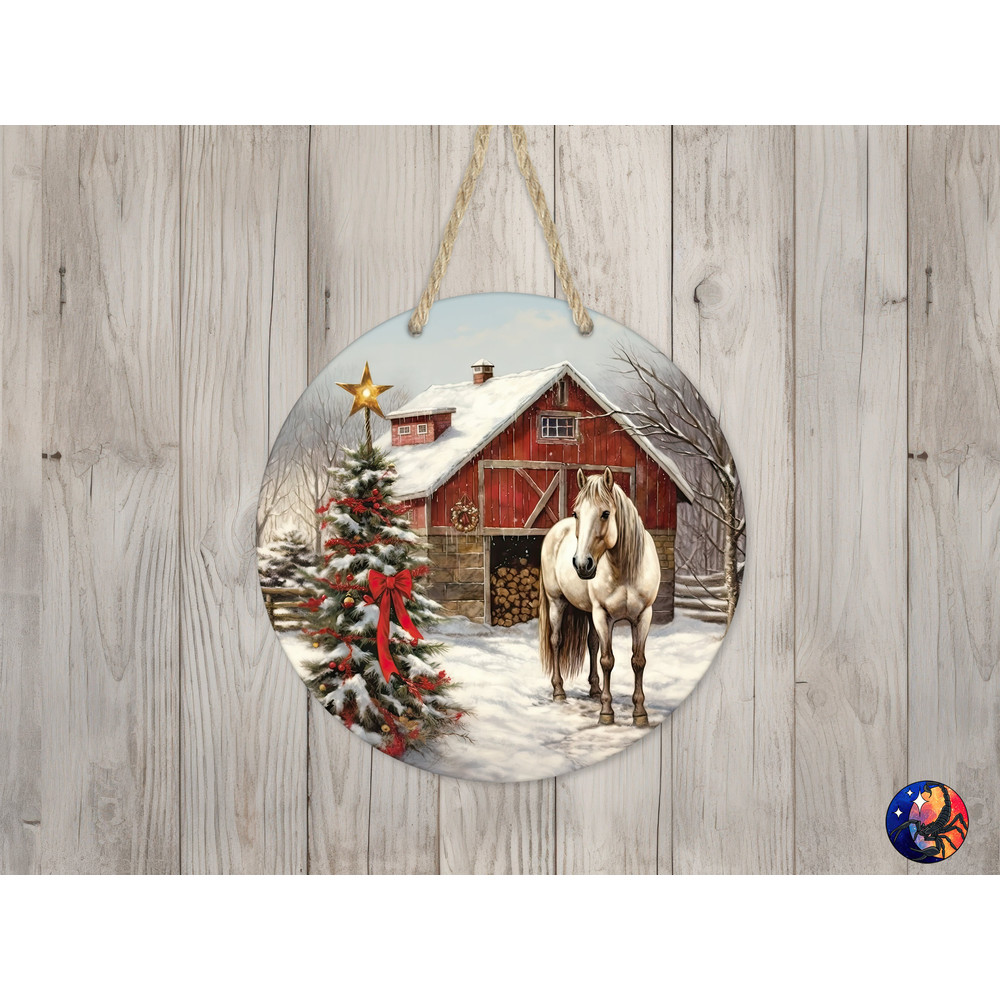 Horse & Christmas Tree Sign Round Door Hanger Design, Christmas 12 inch Sublimation Design, Sign Round, PNG File, Digital Download.jpg