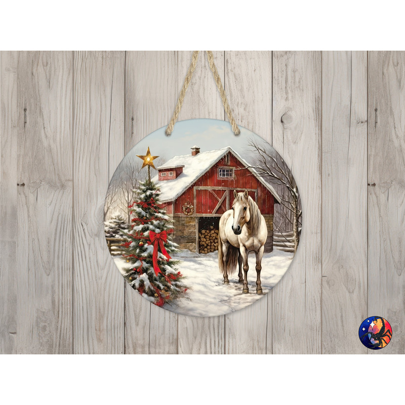 Horse & Christmas Tree Sign Round Door Hanger Design, Christmas 12 inch Sublimation Design, Sign Round, PNG File, Digital Download.jpg