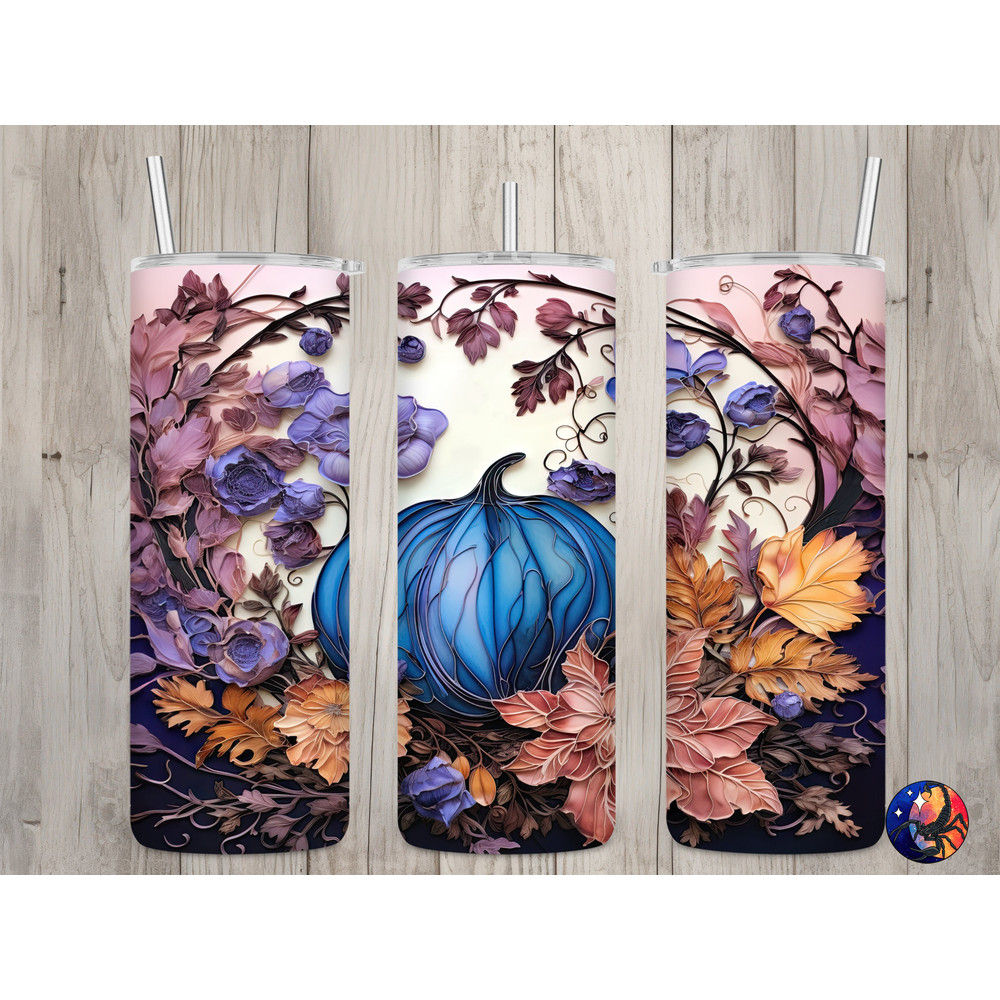 Seamless 3D Blue Pumpkin Floral & Leaves Design, Fall 20 oz Skinny Straight Tumbler Sublimation Design, Tumbler Wrap, PNG Digital Download.jpg