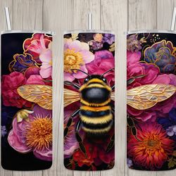 seamless 3d bumble bee  pink floral design, bee 20 oz skinny straight tumbler sublimation design, tumbler wrap, png file