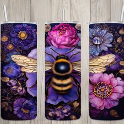 seamless 3d bumble bee  purple floral design, bee 20 oz skinny straight tumbler sublimation design, tumbler wrap, png di
