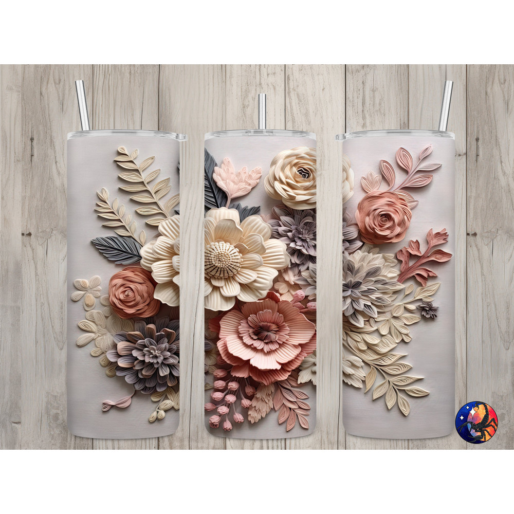 Seamless 3D Classic Neutral Floral Design, Flowers 20 oz Skinny Straight Tumbler Sublimation Design, Tumbler Wrap, PNG Digital Download.jpg