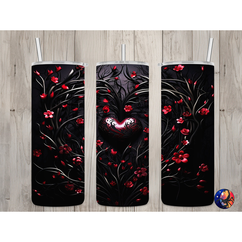 Seamless 3D Goth Heart & Floral Vine Design, Valentine's 20oz Skinny Straight Tumbler Sublimation Design, Tumbler Wrap, PNG Digital Download 1.jpg
