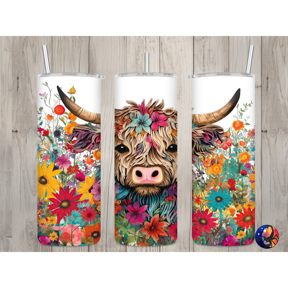 Seamless 3D Highland Cow & Wildflowers Design, Spring 20 oz Skinny Straight Tumbler Sublimation Design, Tumbler Wrap, PNG Digital Download.jpg