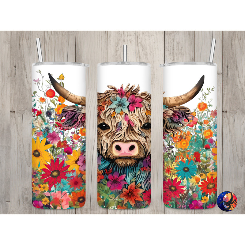 Seamless 3D Highland Cow & Wildflowers Design, Spring 20 oz Skinny Straight Tumbler Sublimation Design, Tumbler Wrap, PNG Digital Download.jpg