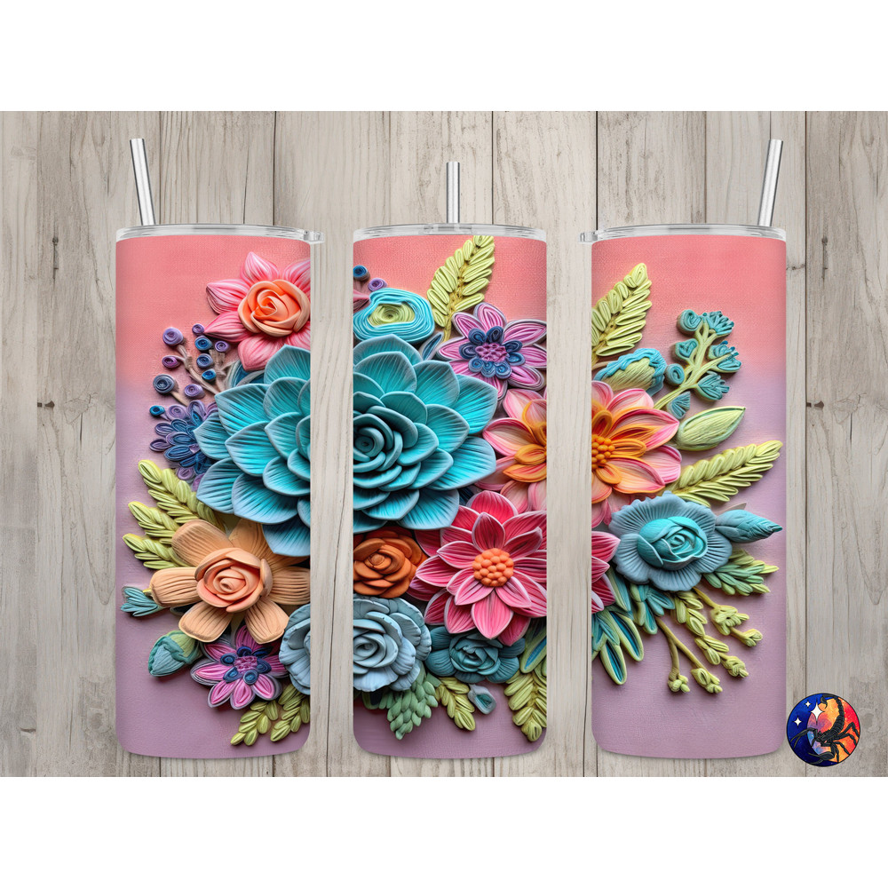 Seamless 3D Ombre Succulent & Floral Design, Flowers 20 oz Skinny Straight Tumbler Sublimation Design, Tumbler Wrap, PNG Digital Download.jpg