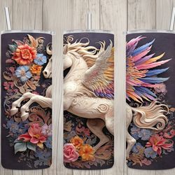 seamless 3d pastel floral pegasus design, pegasus 20 oz skinny straight tumbler sublimation design, tumbler wrap, png fi