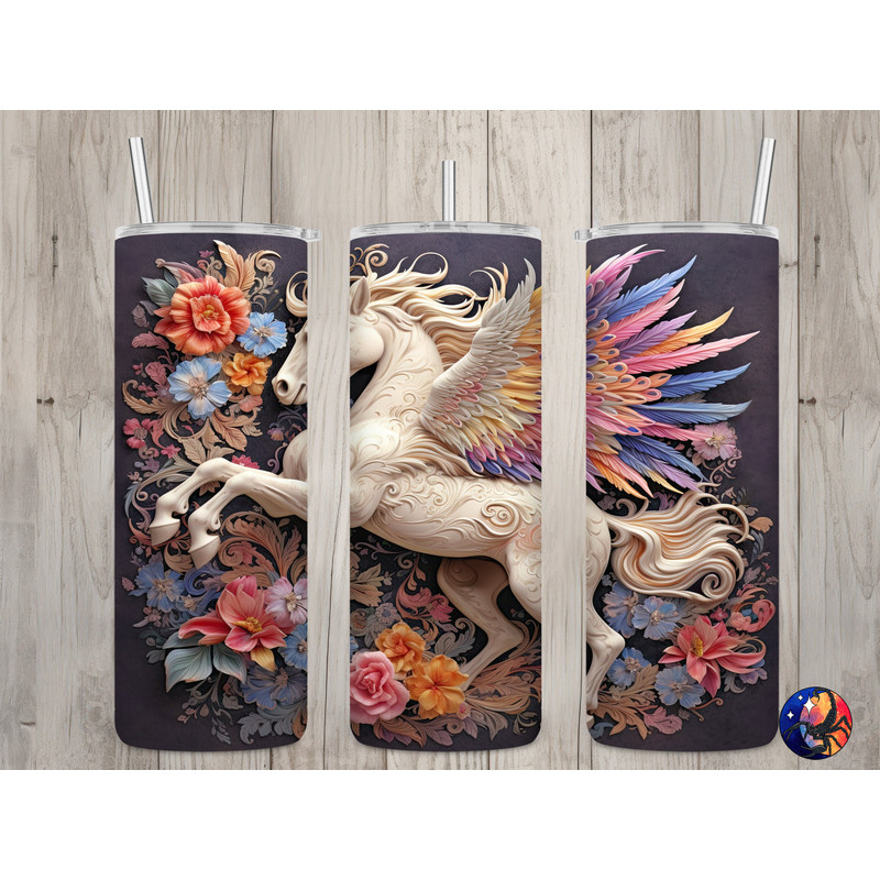 Seamless 3D Pastel Floral Pegasus Design, Pegasus 20 oz Skinny Straight Tumbler Sublimation Design, Tumbler Wrap, PNG File, Digital Download.jpg