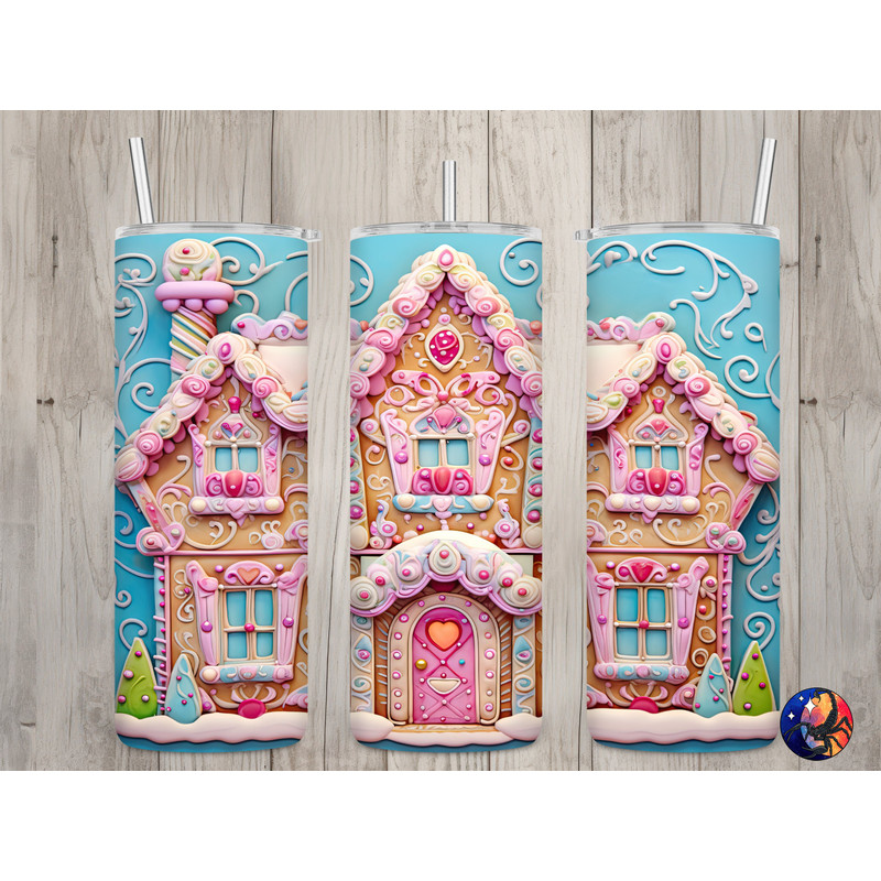 Seamless 3D Pastel Gingerbread House Design, Christmas 20 oz Skinny Straight Tumbler Sublimation Design, Tumbler Wrap, PNG Digital Download.jpg