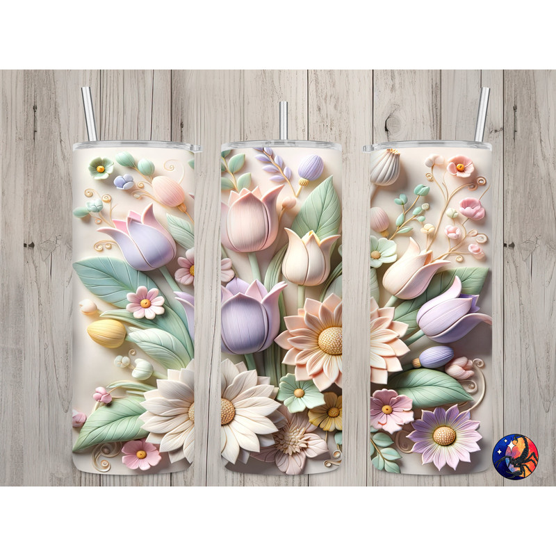 Seamless 3D Pastel Tulips & Daisies Design, Flowers 20 oz Skinny Straight Tumbler Sublimation Design, Tumbler Wrap, PNG Digital Download.jpg