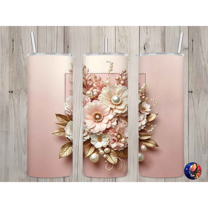 Seamless 3D Pink & Gold Pearl Floral Design, Flowers 20 oz Skinny Straight Tumbler Sublimation Design, Tumbler Wrap, PNG Digital Download.jpg