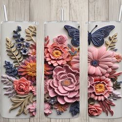 seamless 3d pink floral  butterfly design, flowers 20 oz skinny straight tumbler sublimation design, tumbler wrap, png d