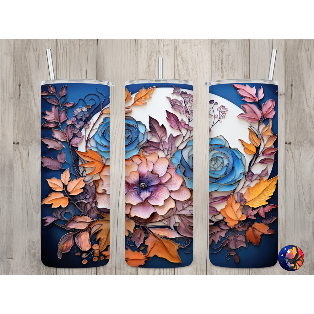 Seamless 3D Pink Mauve & Blue Floral Design, Flowers 20 oz Skinny Straight Tumbler Sublimation Design, Tumbler Wrap, PNG Digital Download.jpg