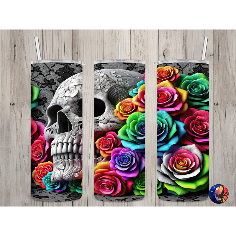 Seamless 3D Skull Rainbow Roses & Lace Design, Skull 20 oz Skinny Straight Tumbler Sublimation Design, Tumbler Wrap, PNG Digital Download.jpg