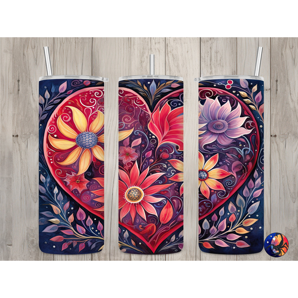 Seamless Abstract Heart & Floral Design, Valentine's 20 oz Skinny Straight Tumbler Sublimation Design, Tumbler Wrap, PNG Digital Download.jpg