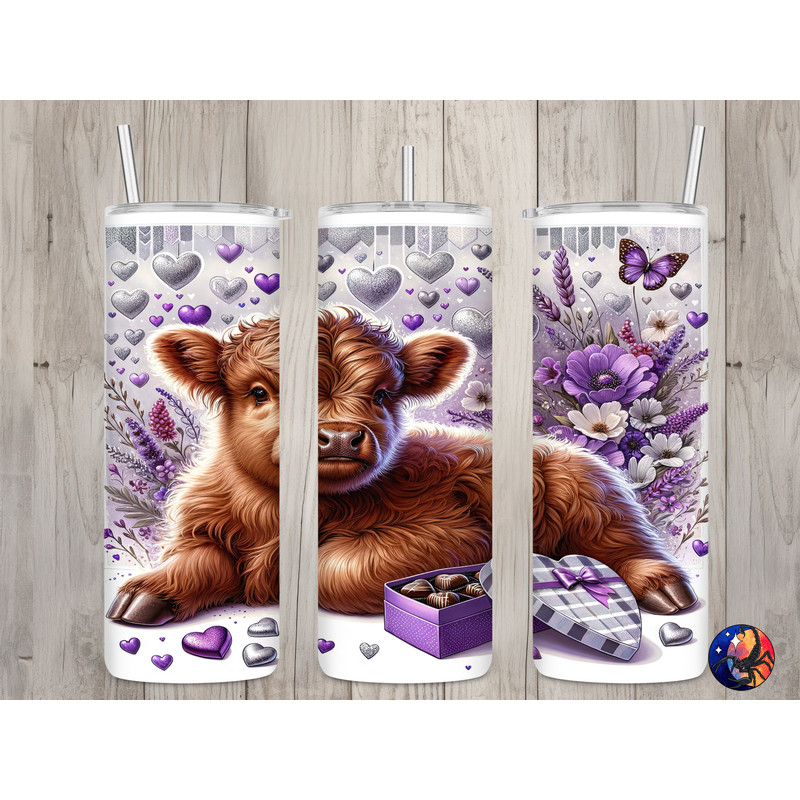 Seamless Baby Highland Cow & Candy Design, Valentine's 20 oz Skinny Straight Tumbler Sublimation Design, Tumbler Wrap, PNG Digital Download.jpg