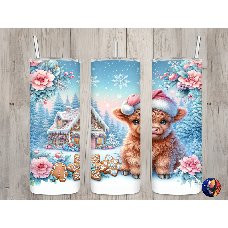 Seamless Baby Highland Cow Gingerbread Design, Christmas 20oz Skinny Straight Tumbler Sublimation Design, Tumbler Wrap, PNG Digital Download.jpg