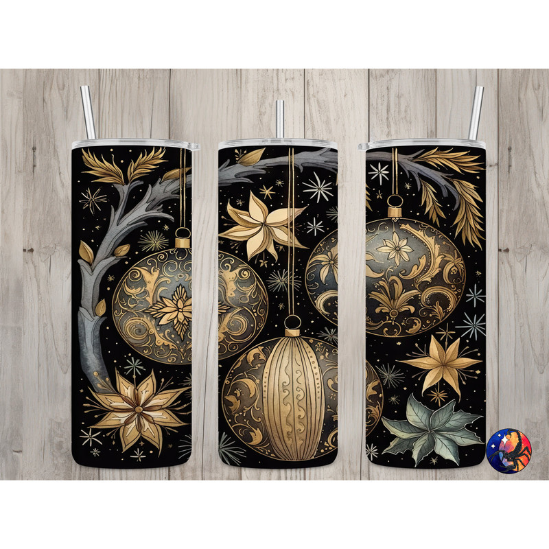 Seamless Black & Gold Ornaments Design, Christmas 20 oz Skinny Straight Tumbler Sublimation Design, Tumbler Wrap, PNG File, Digital Download.jpg
