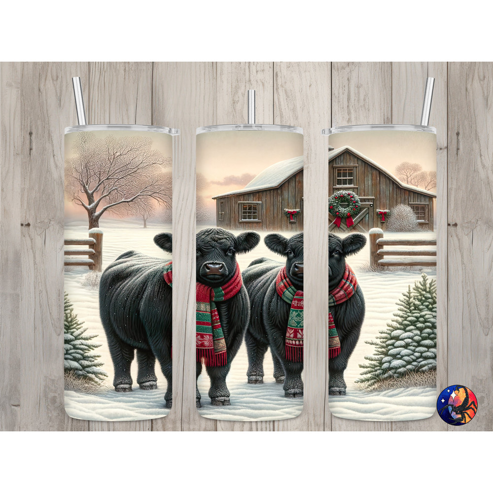 Seamless Black Cows & Rustic Barn Design, Christmas 20 oz Skinny Straight Tumbler Sublimation Design, Tumbler Wrap, PNG Digital Download.jpg