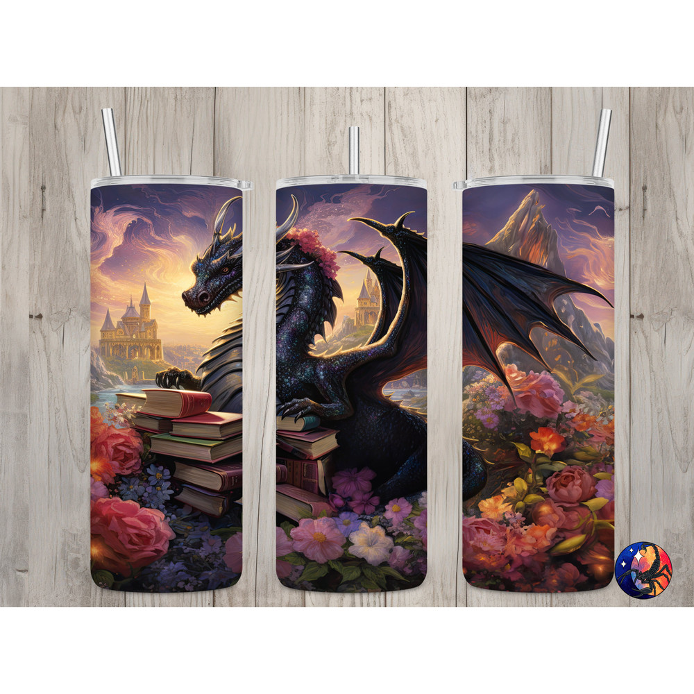 Seamless Black Glitter Book Dragon Floral Design, Dragon 20oz Skinny Straight Tumbler Sublimation Design, Tumbler Wrap, PNG Digital Download.jpg