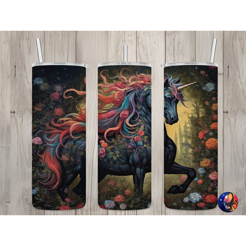Seamless Black Unicorn Floral Design, Unicorn 20 oz Skinny Straight Tumbler Sublimation Design, Tumbler Wrap, PNG File, Digital Download.jpg