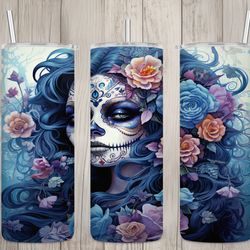 seamless blue day of the dead design, halloween 20 oz skinny straight tumbler sublimation design, tumbler wrap, png file