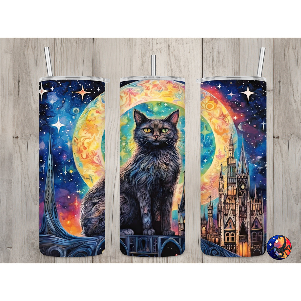 Seamless Celestial Gothic Black Cat Design, Cat 20 oz Skinny Straight Tumbler Sublimation Design, Tumbler Wrap, PNG File, Digital Download 1.jpg
