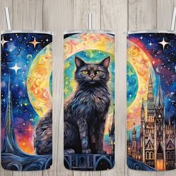 seamless celestial gothic black cat design, cat 20 oz skinny straight tumbler sublimation design, tumbler wrap, png file