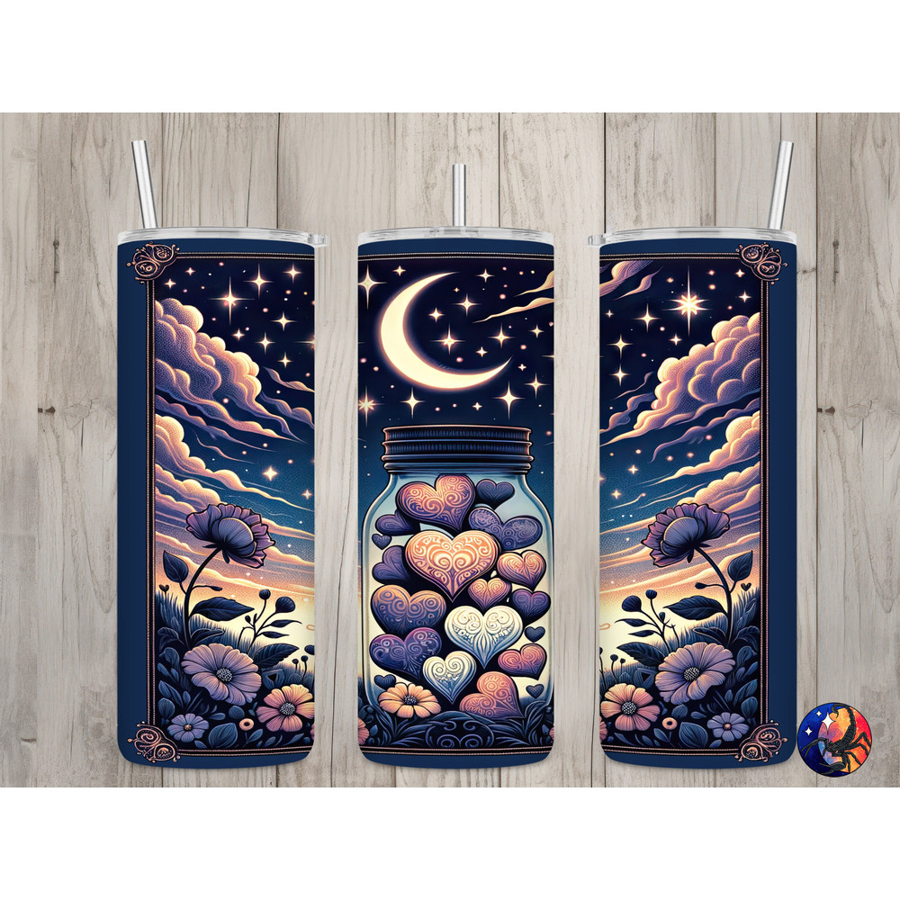 Seamless Celestial Jar of Hearts Design, Valentine's 20 oz Skinny Straight Tumbler Sublimation Design, Tumbler Wrap, PNG Digital Download.jpg