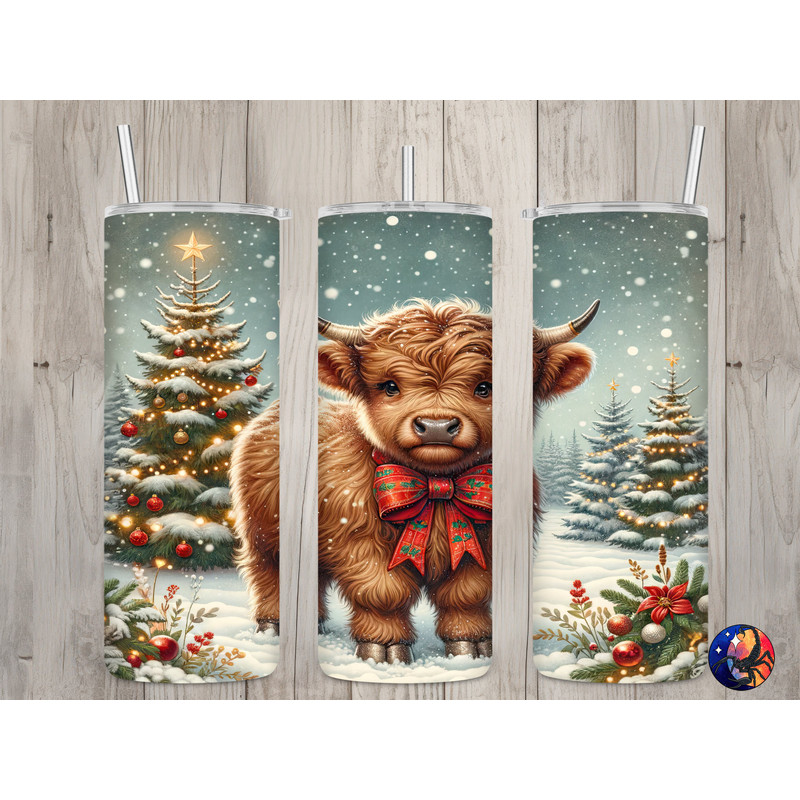 Seamless Christmas Baby Highland Cow Design, Christmas 20 oz Skinny Straight Tumbler Sublimation Design, Tumbler Wrap, PNG Digital Download.jpg