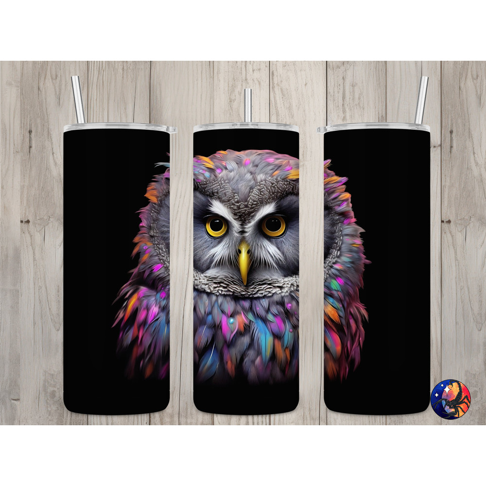 Seamless Colorful Gray Owl Design, Owl 20 oz Skinny Straight Tumbler Sublimation Design, Tumbler Wrap, PNG File, Digital Download.jpg