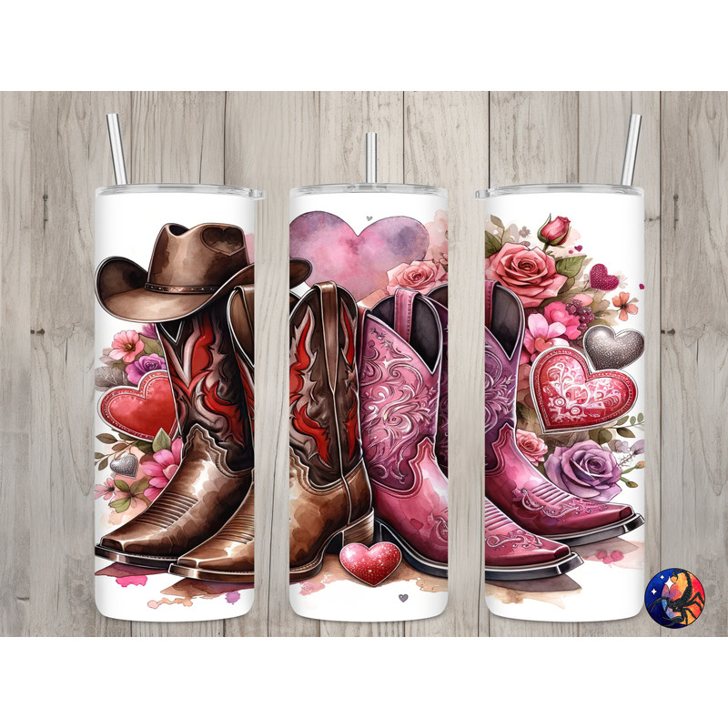 Seamless Country Couple Boots & Hat Design, Valentine's 20 oz Skinny Straight Tumbler Sublimation Design, Tumbler Wrap, PNG Digital Download.jpg