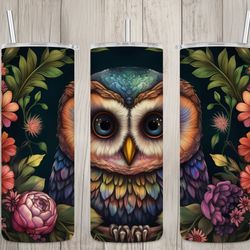 seamless cute baby owl  floral design, owl 20 oz skinny straight tumbler sublimation design, tumbler wrap, png file, dig