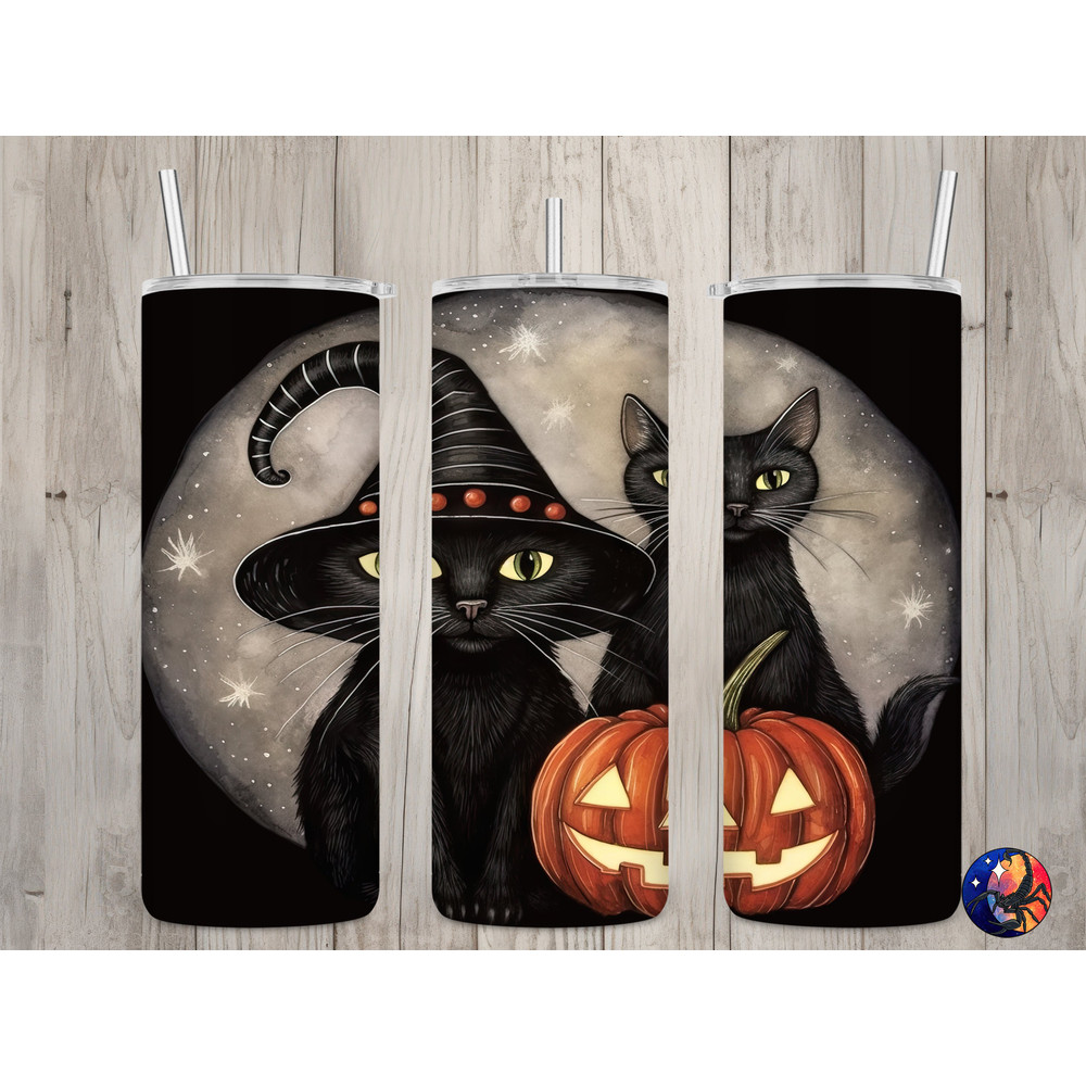 Seamless Cute Black Cats & Witch Hat Design, Halloween 20 oz Skinny Straight Tumbler Sublimation Design, Tumbler Wrap, PNG Digital Download.jpg