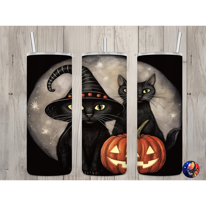 Seamless Cute Black Cats & Witch Hat Design, Halloween 20 oz Skinny Straight Tumbler Sublimation Design, Tumbler Wrap, PNG Digital Download.jpg