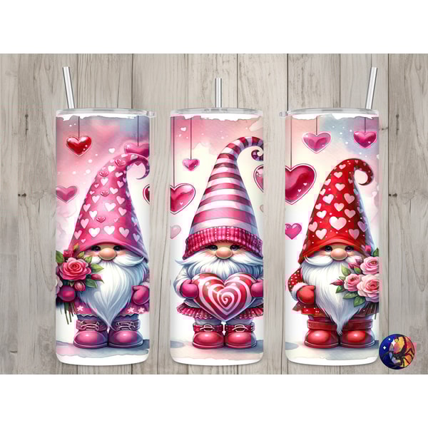 Seamless Cute Gnomes Hearts & Roses Design, Valentine's 20 oz Skinny Straight Tumbler Sublimation Design, Tumbler Wrap, PNG Digital Download.jpg