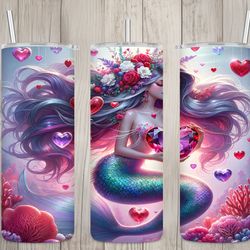 seamless cute mermaid  gem hearts design, valentines 20 oz skinny straight tumbler sublimation design, tumbler wrap, png