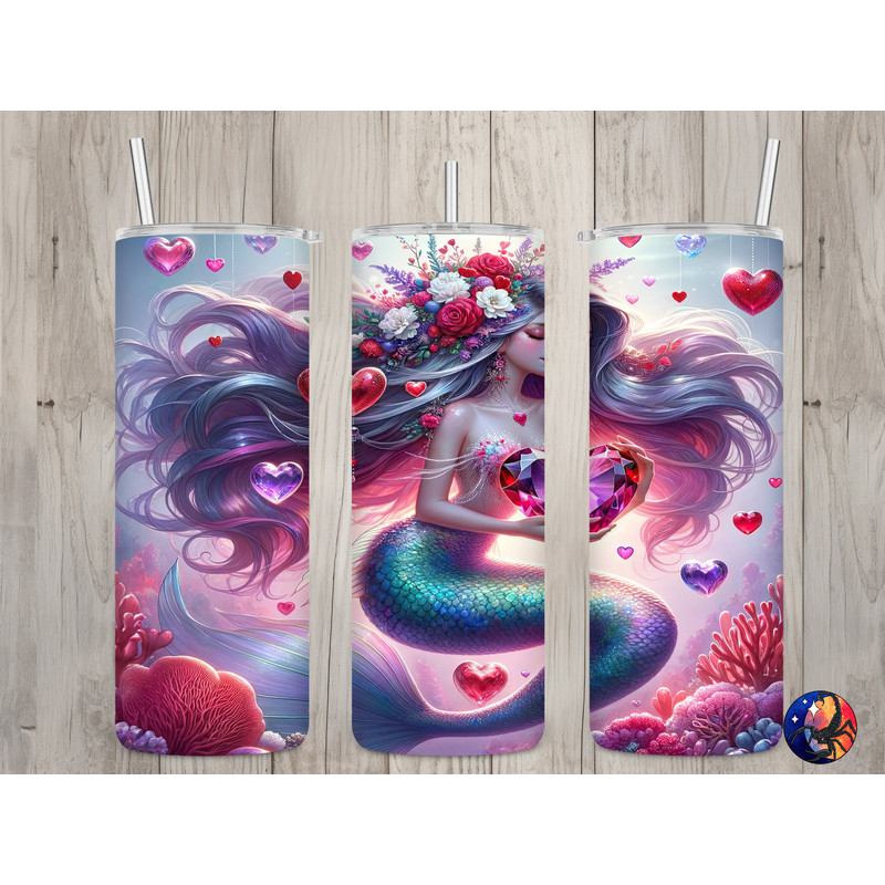 Seamless Cute Mermaid & Gem Hearts Design, Valentine's 20 oz Skinny Straight Tumbler Sublimation Design, Tumbler Wrap, PNG Digital Download.jpg
