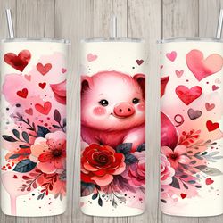 seamless cute pig  hearts floral design, valentines 20 oz skinny straight tumbler sublimation design, tumbler wrap, png