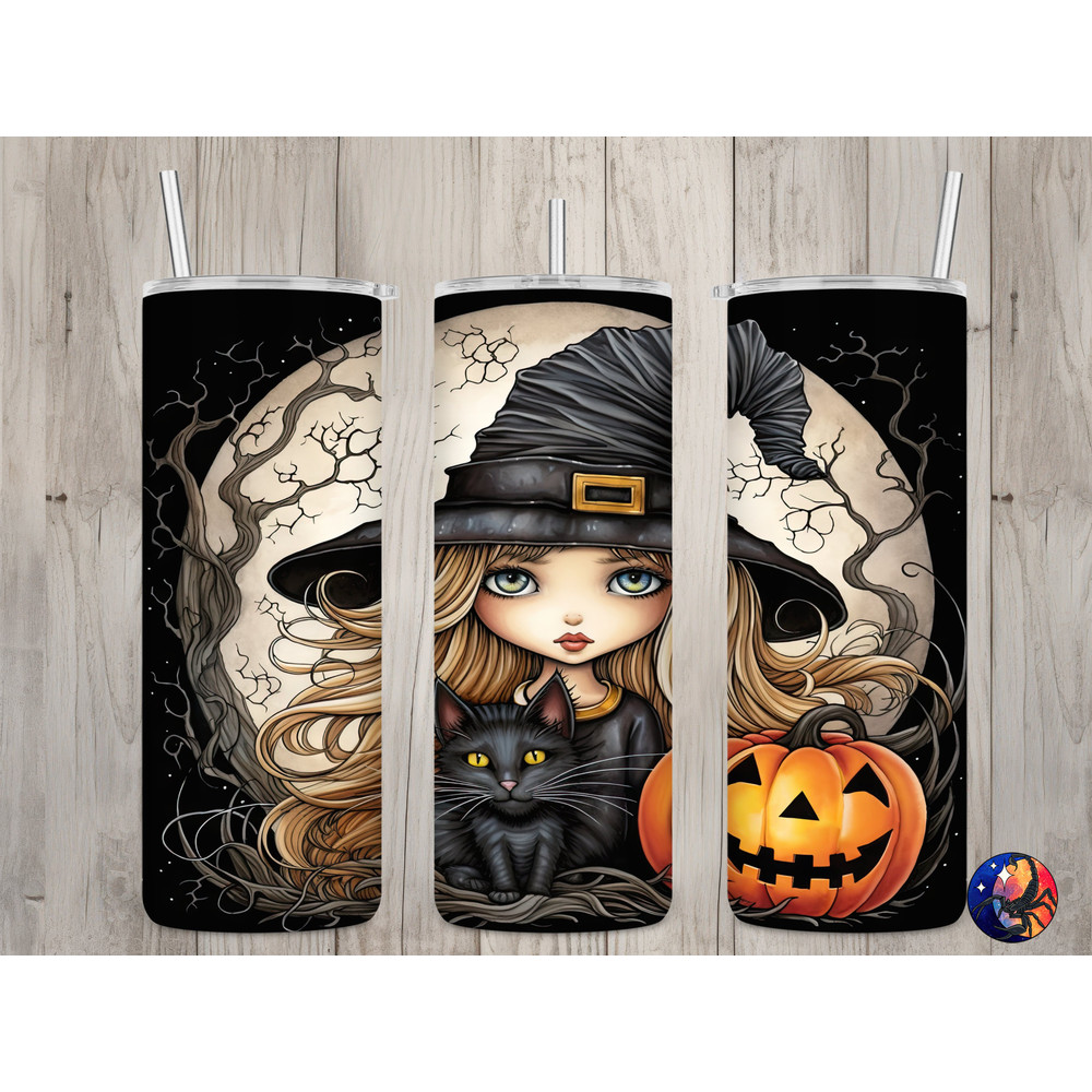 Seamless Cute Witch & Black Cat Design, Halloween 20 oz Skinny Straight Tumbler Sublimation Design, Tumbler Wrap, PNG File, Digital Download.jpg